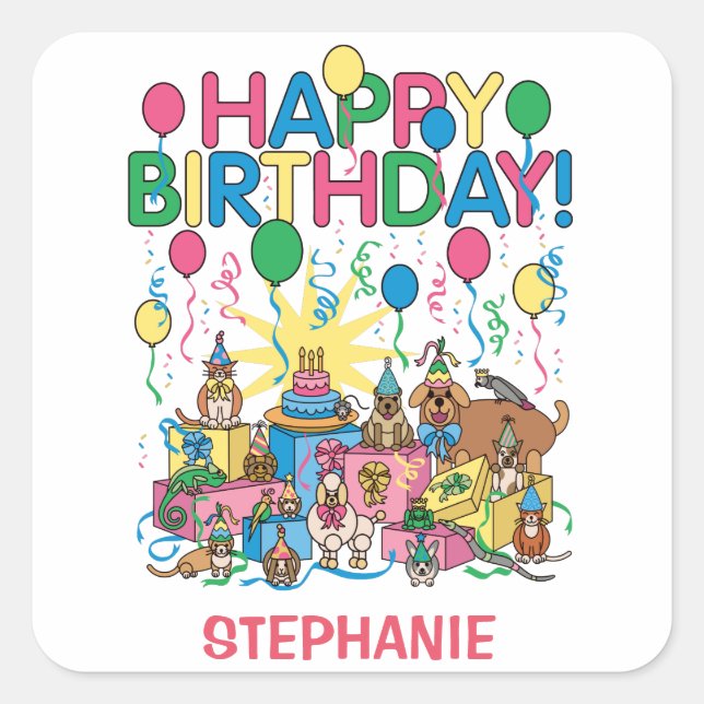 Sticker Carré Animaux de fête d'anniversaire (Devant)