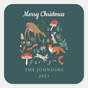 Sticker Carré Animaux de la forêt Noël vert 