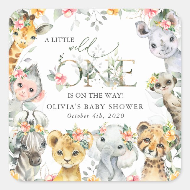 Sticker Carré Animaux de la jungle, Safari, Fleurs, Baby shower (Devant)