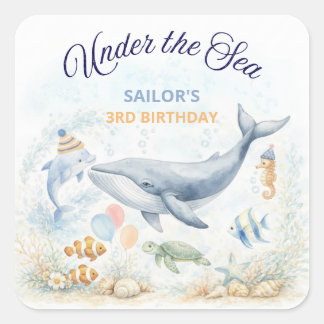 Sticker Carré Animaux de l'Océan Sous la Mer Baleine Anniversair