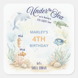 Sticker Carré Animaux de l'Océan Sous la Mer Fête d'Anniversaire