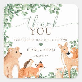 Sticker Carré Animaux des bois Baby shower vert Merci