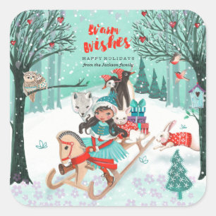 Sticker Carré Animaux mignons Forêt Boisée Merveilleux Hiver