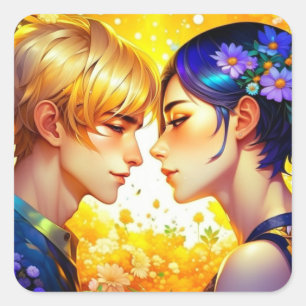 Sticker Carré Anime Boy and Girl in Love Romantic Flirty