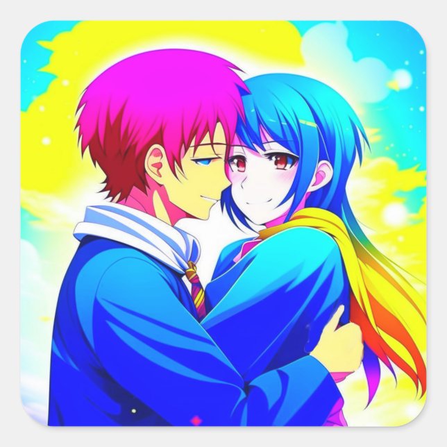 Sticker Carré Anime Couple se serrant rose et bleu (Devant)