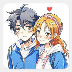 Sticker Carré Anime garçon et fille couple avec coeur