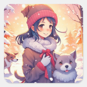 Sticker Carré Anime Girl and Dogs avec Arrière - plan de Noël