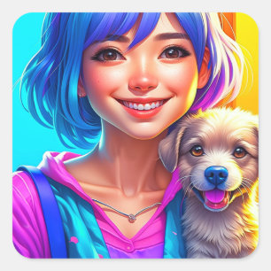 Sticker Carré Anime Girl and Puppy Chien