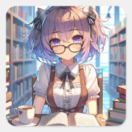 Sticker Carré Anime Girl avec lunettes à la bibliothèque