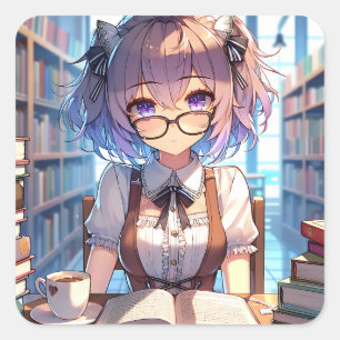 Sticker Carré Anime Girl avec lunettes à la bibliothèque