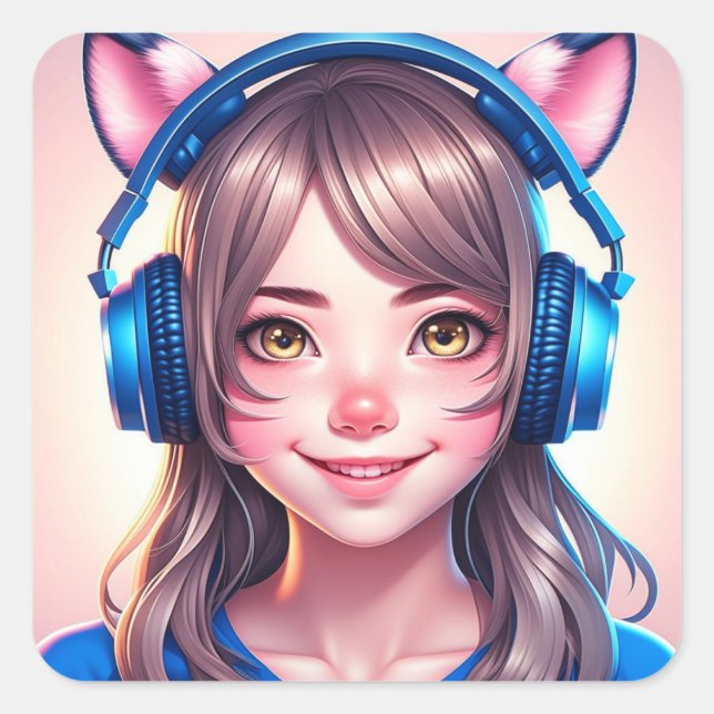 Sticker Carré Anime Girl in Gaming or Music Headphones (Devant)