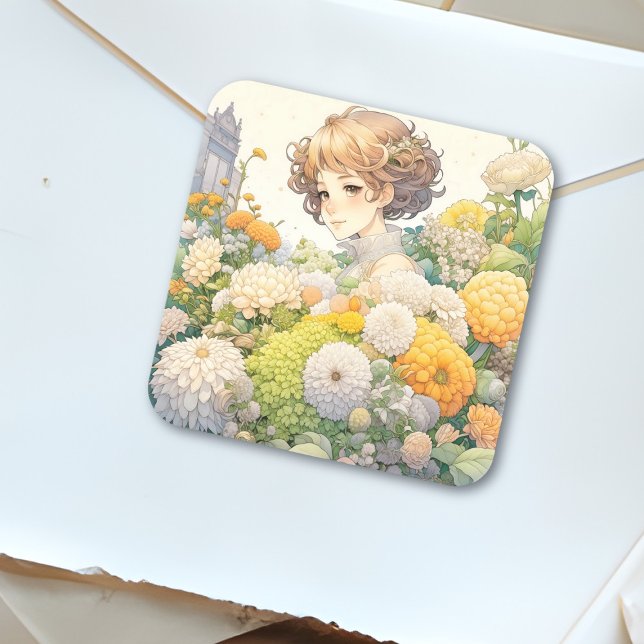 Sticker Carré Anime Girl in Yellow Flowers (Créateur téléchargé)