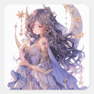 Sticker Carré Anime Girl Purple Moon Princess Imaginaire Art
