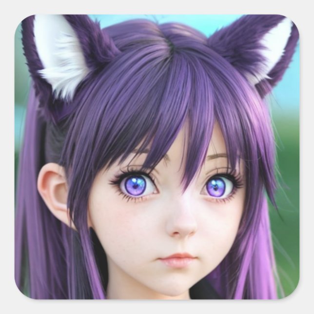 Sticker Carré Anime Girl Réaliste Fox oreilles (Devant)