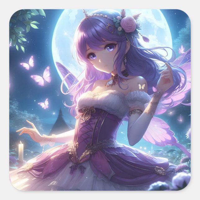 Sticker Carré Anime Girl Violet Papillon Aile Lune Fée (Devant)