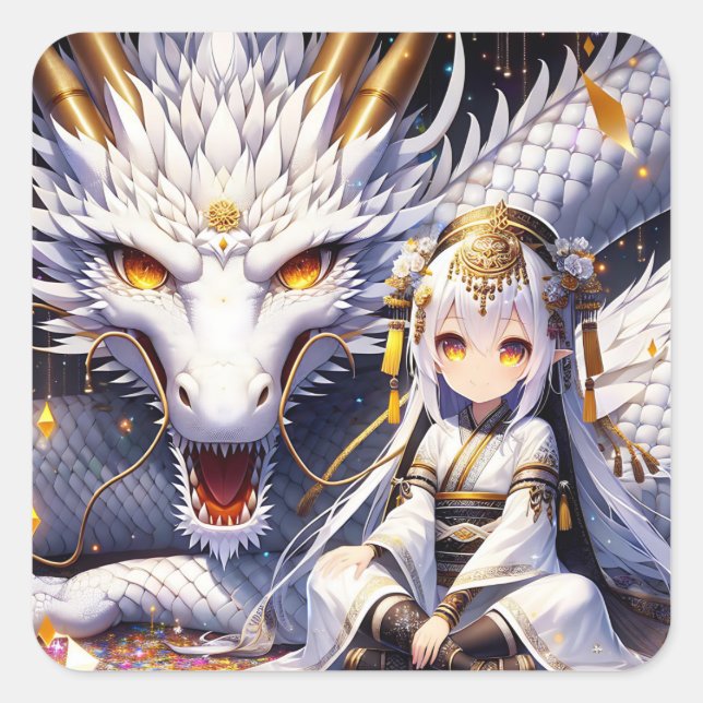 Sticker Carré Anime Girl Warrior et Dragon Ai Art (Devant)