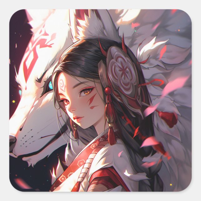 Sticker Carré Anime Kitsune Girl Cute Fox Imaginaire Art (Devant)