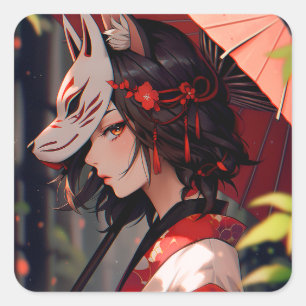 Sticker Carré Anime Kitsune Girl Cute Fox Imaginaire Art