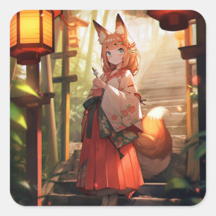 Sticker Carré Anime Kitsune Girl Cute Fox Imaginaire Art