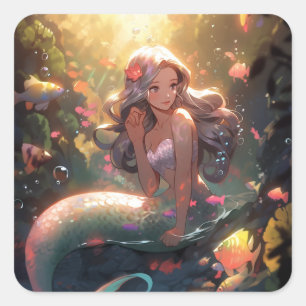Sticker Carré Anime Mermaid Girl Imaginaire Art