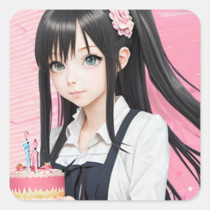 Sticker Carré Anime rose et noir fille et gâteau d'anniversaire