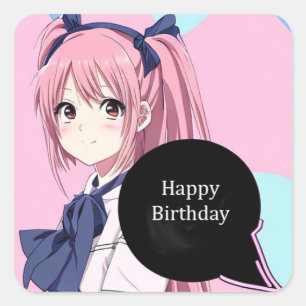 Sticker Carré Anime rose et noire fille d'anniversaire
