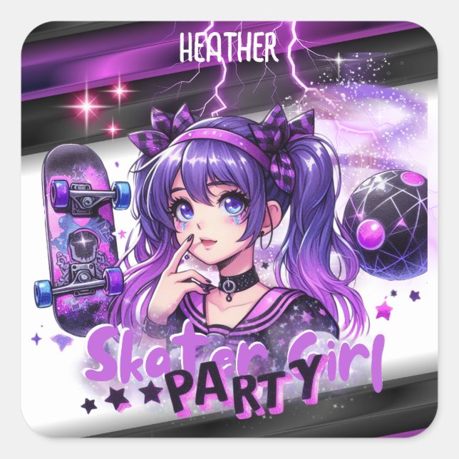 Sticker Carré Anime Skater Girl Anniversaire Fête Skateboard (Devant)
