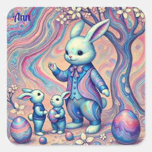 Sticker Carré ANN ~ EASTER BUNNY et ses enfants ~