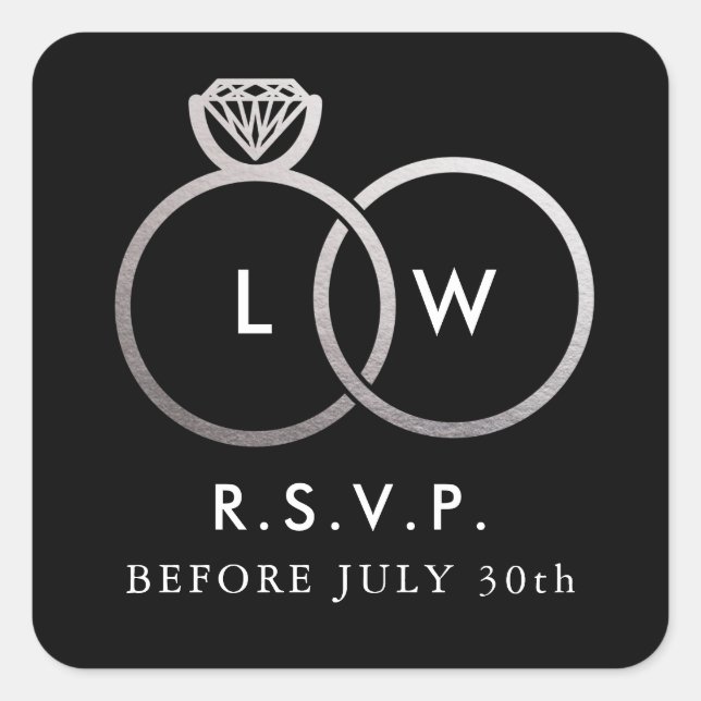 Sticker Carré Anneaux Mariage argent moderne RSVP Répondre Carré (Devant)