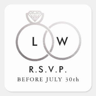 Sticker Carré Anneaux Mariage argent moderne RSVP Réponse