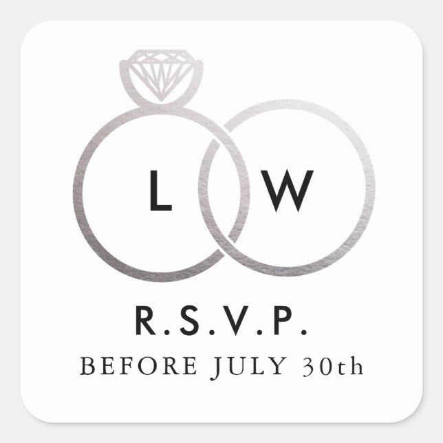 Sticker Carré Anneaux Mariage argent moderne RSVP Réponse (Devant)