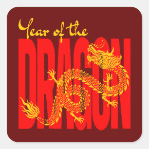 Sticker Carré Année du Dragon Rouge Or