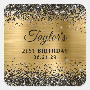 Sticker Carré Anniversaire 21 ans avec paillettes noires et feui