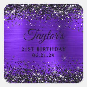 Sticker Carré Anniversaire 21 ans Violet Pailleté Noir Feuille