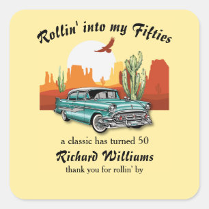 Sticker Carré Anniversaire 50 ans Homme Retro Classic Blue Car D