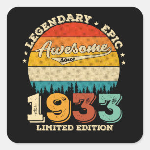 Sticker Carré anniversaire âgé de 92 ans 1933 Magnifique cadeau