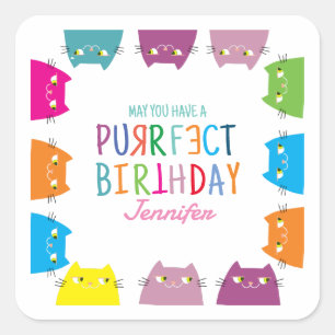 Sticker Carré Anniversaire Amoureux des chats de Kawaii