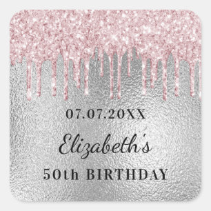 Sticker Carré Anniversaire argent rose parties scintillant nom g