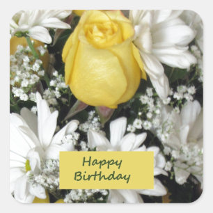 Sticker Carré Anniversaire blanc de Daisie de rose jaune