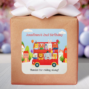 Sticker Carré Anniversaire Bus à Deux Étages Animaux Mignons