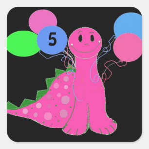Sticker Carré Anniversaire de dinosaure rose personnalisable sel