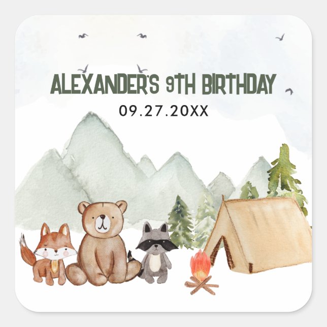 Sticker Carré Anniversaire de enfant de camping moderne Woodland (Devant)