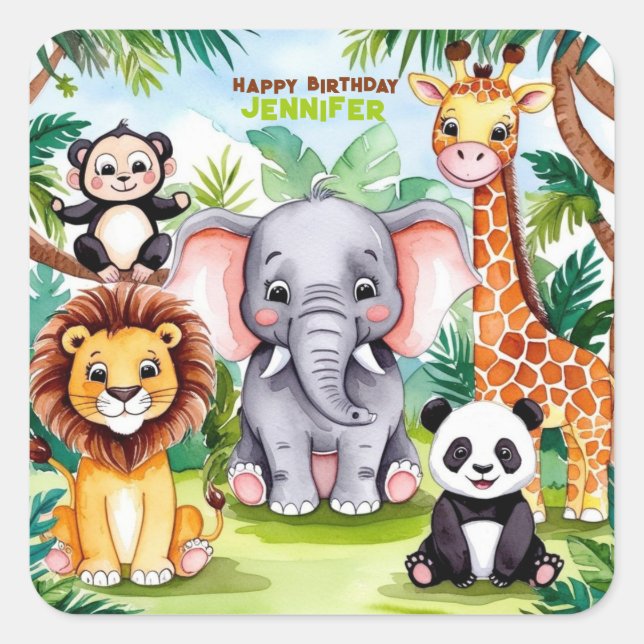 Sticker Carré Anniversaire de enfant Party Cute Animaux Safari J (Devant)