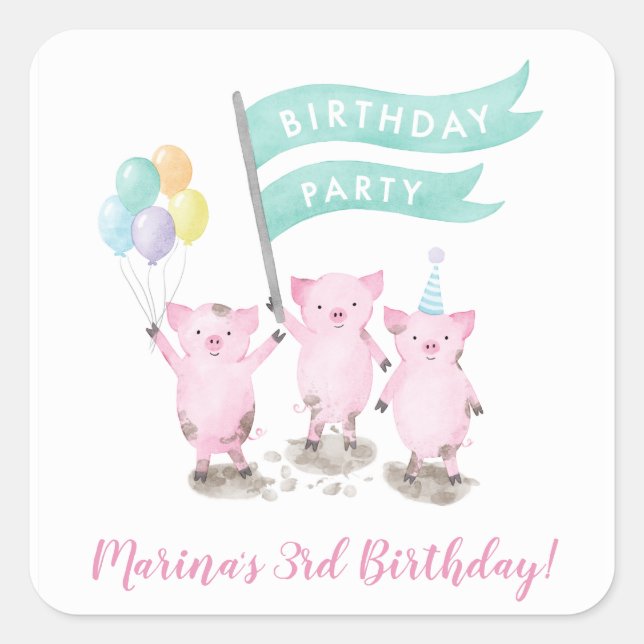Sticker Carré Anniversaire de enfant rose (Devant)