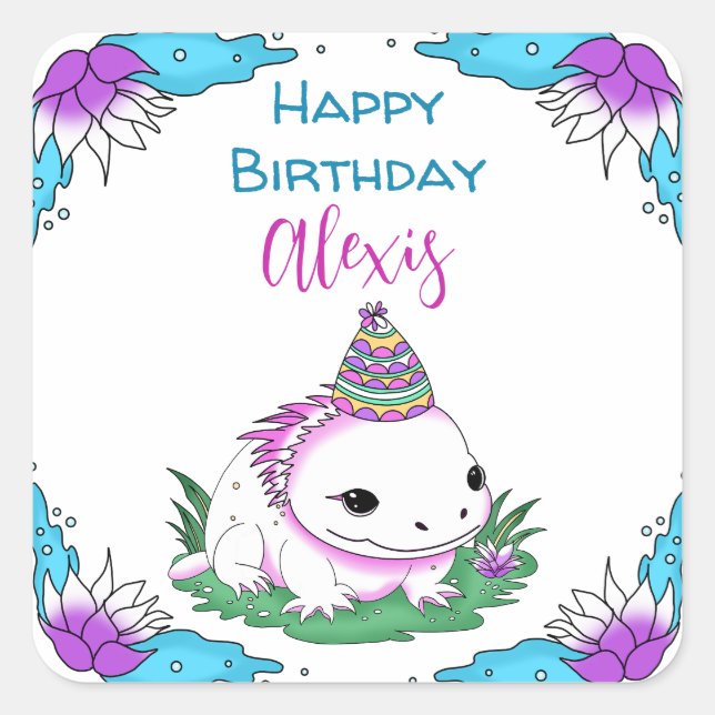 Sticker Carré Anniversaire de la fille à thème Axolotl personnal (Devant)