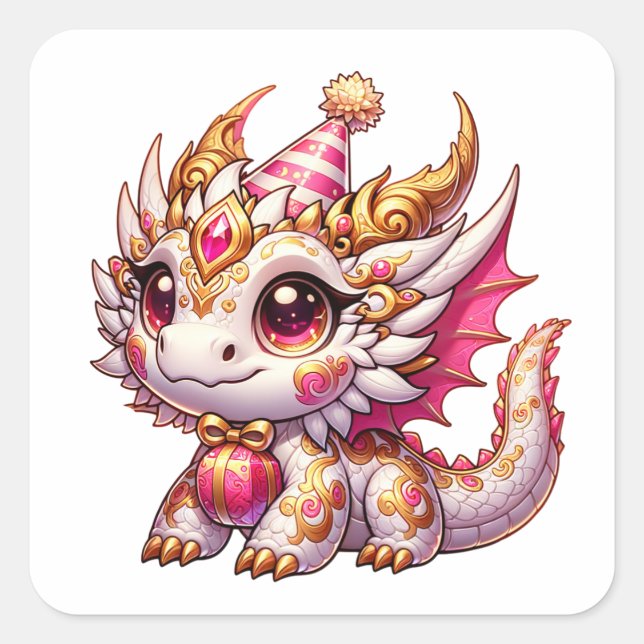 Sticker Carré Anniversaire de la fille de Dragon Rose et Or (Devant)