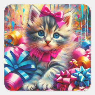 Sticker Carré Anniversaire de la fille rose et bleu Kitten