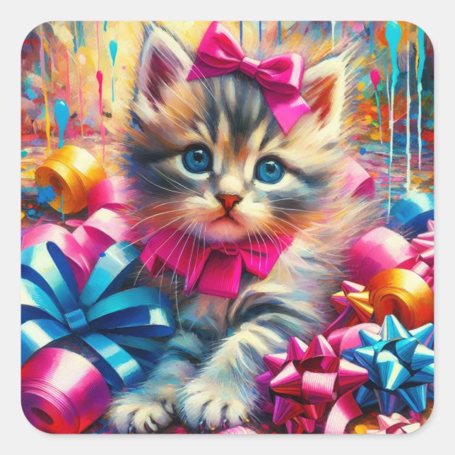 Sticker Carré Anniversaire de la fille rose et bleu Kitten (Devant)