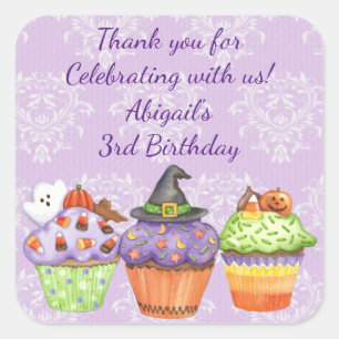 Sticker Carré Anniversaire des petits gâteaux d'Halloween violet
