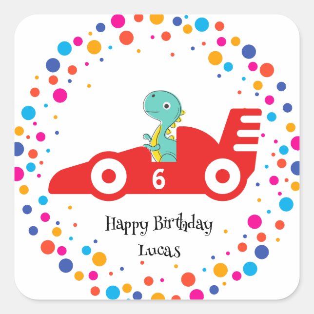 Sticker Carré Anniversaire Dinosaur race voiture garçon course r (Devant)